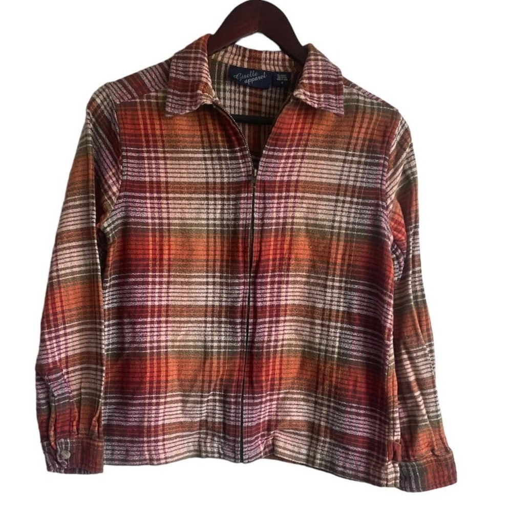 Giselle Apparel Women‎ Zip Front Plaid Shacket Small Orange Cabincore Western